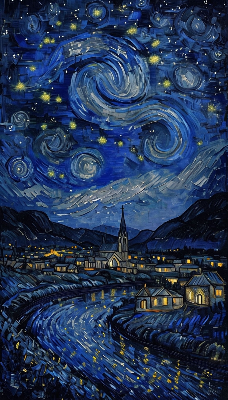 Starry Night Whimsical Village Illustration Phone Case Cover