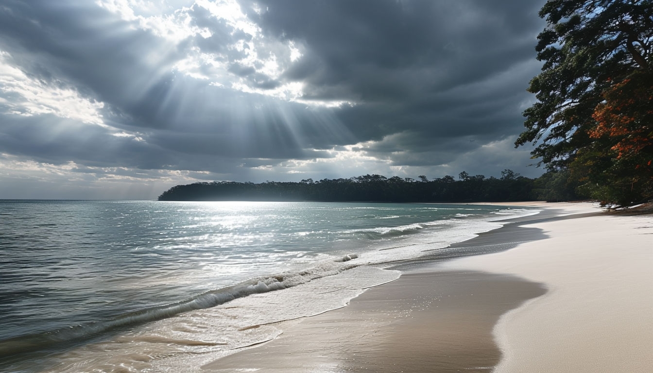 Dramatic Beach Scene with Sunbeams and Tranquil Waves Virtual Background