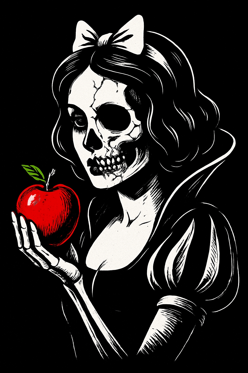 Skeletal Snow White with Red Apple Dark Illustration T-Shirt