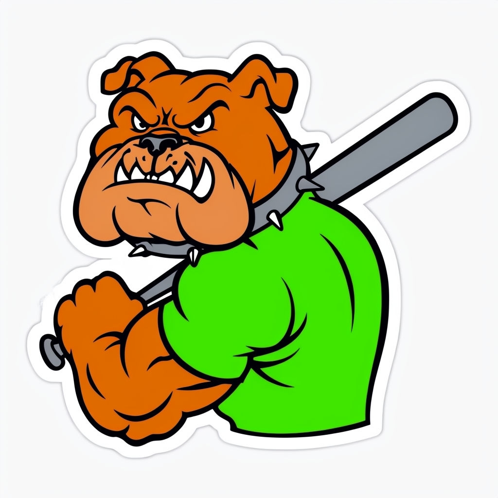 Muscular Cartoon Bulldog Character with Baseball Bat Sticker