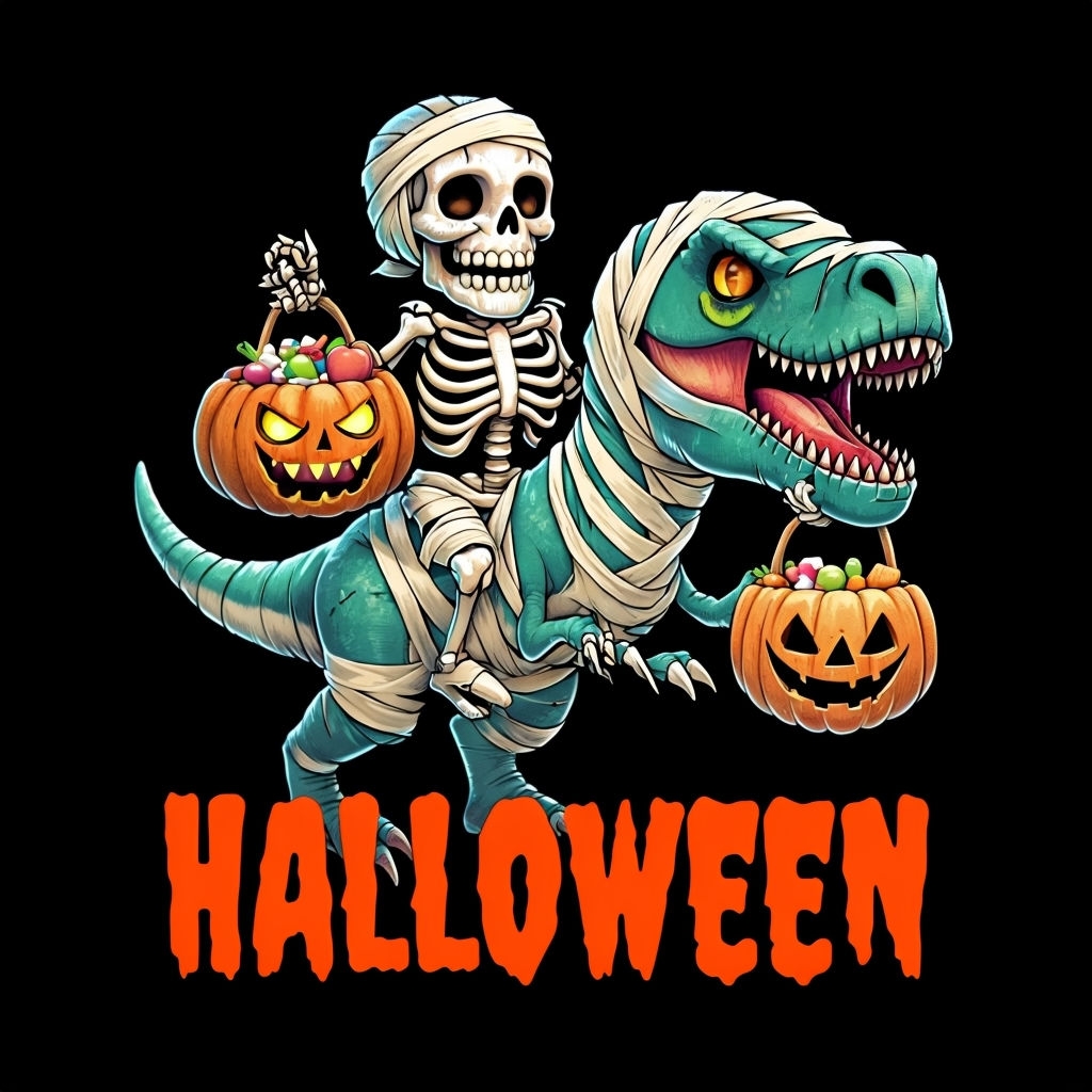 Playful Halloween Skeleton on Dinosaur T-Shirt