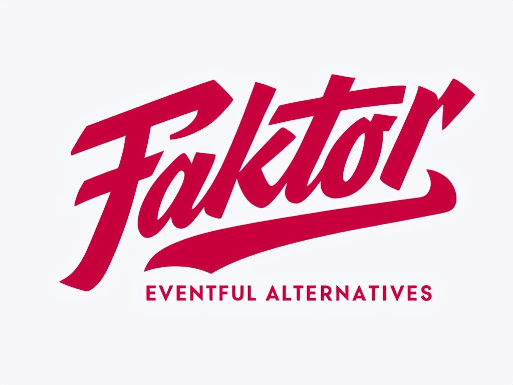 Bold Red Cursive Faktor Logo with Eventful Alternatives Text Logo