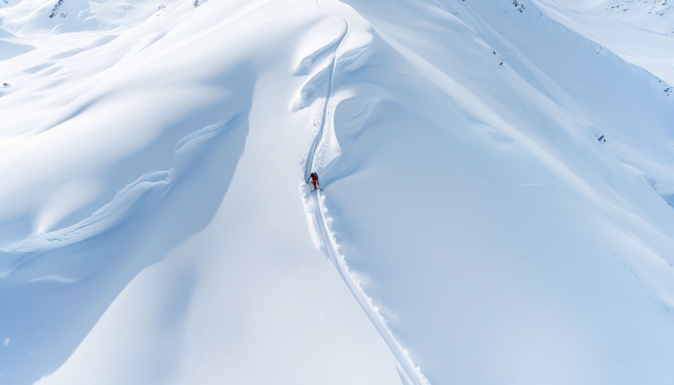 Aerial View of Solitary Skier on Pristine Mountain Slope Background