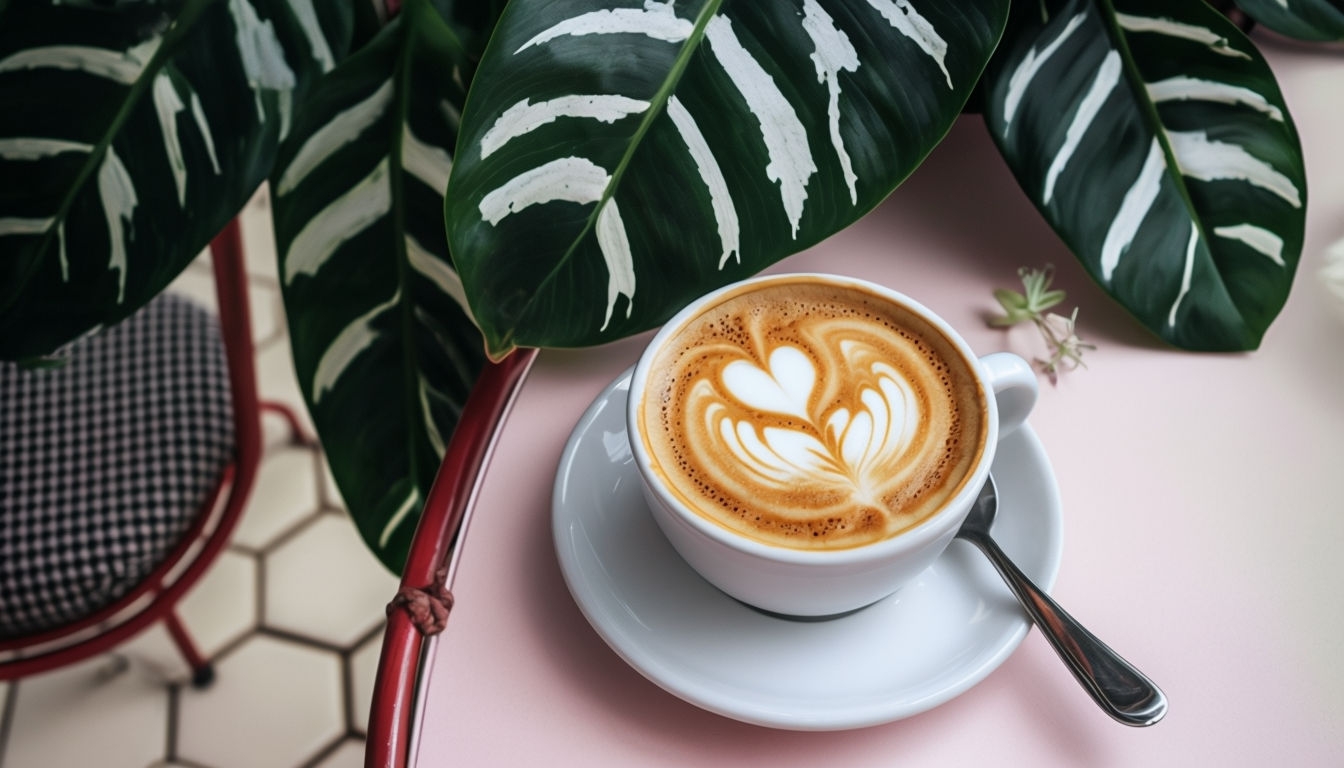 Serene Latte Art with Tropical Leaves in Cozy Café Scene Virtual Backgrounds