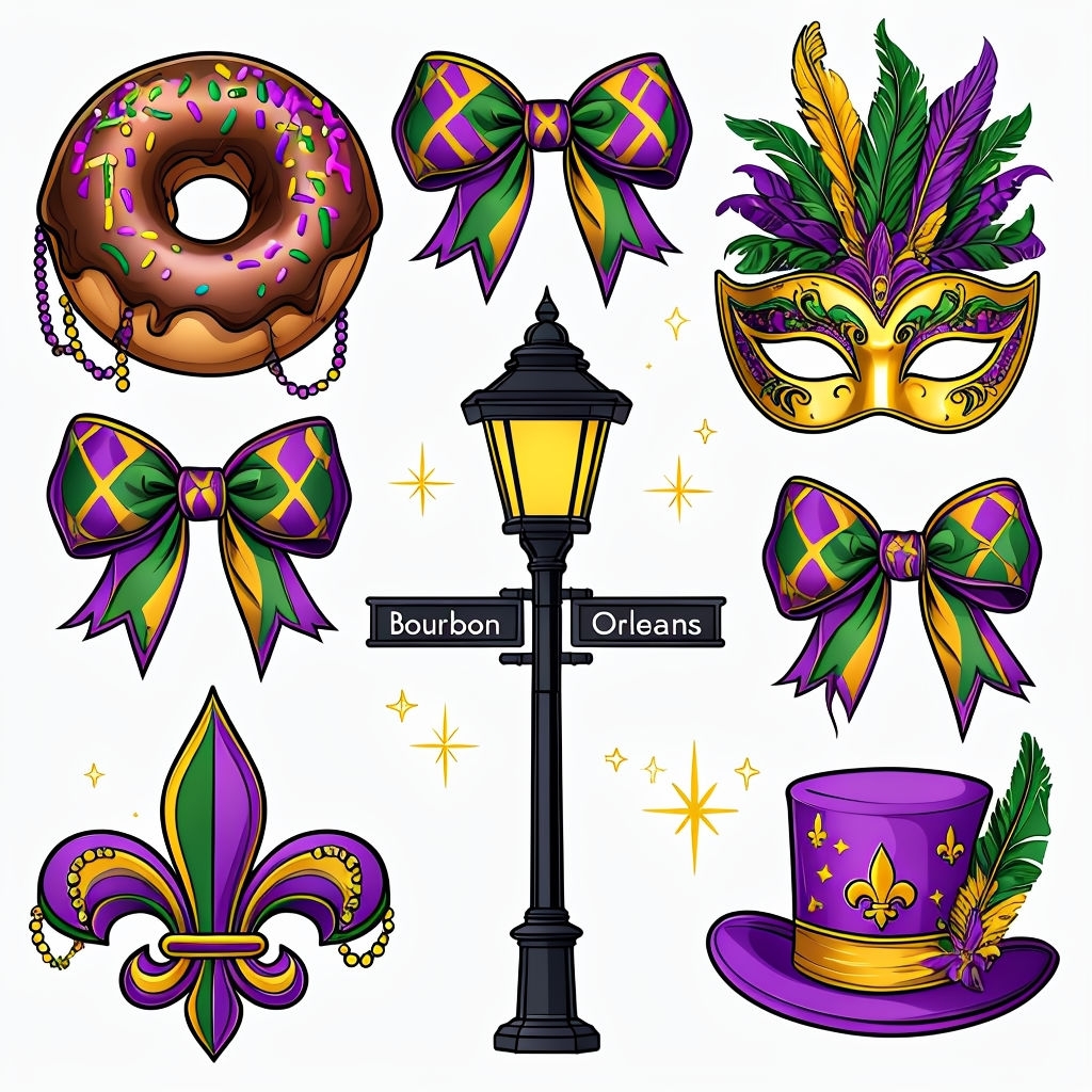 Vibrant Mardi Gras Cartoon Elements Seamless Pattern Design