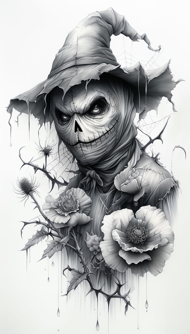 Eerie Grayscale Scarecrow Illustration with Nature Elements Art