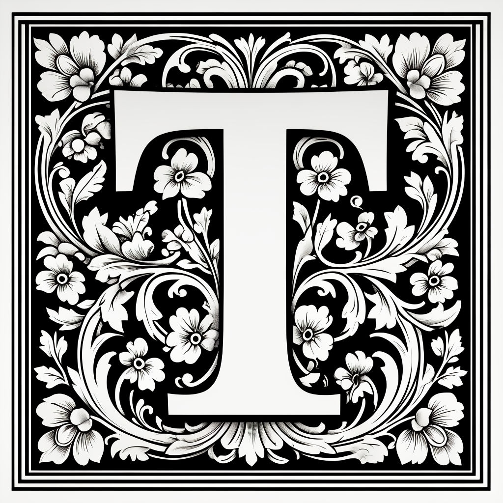 Ornate Black and White Floral Letter T Monogram Design