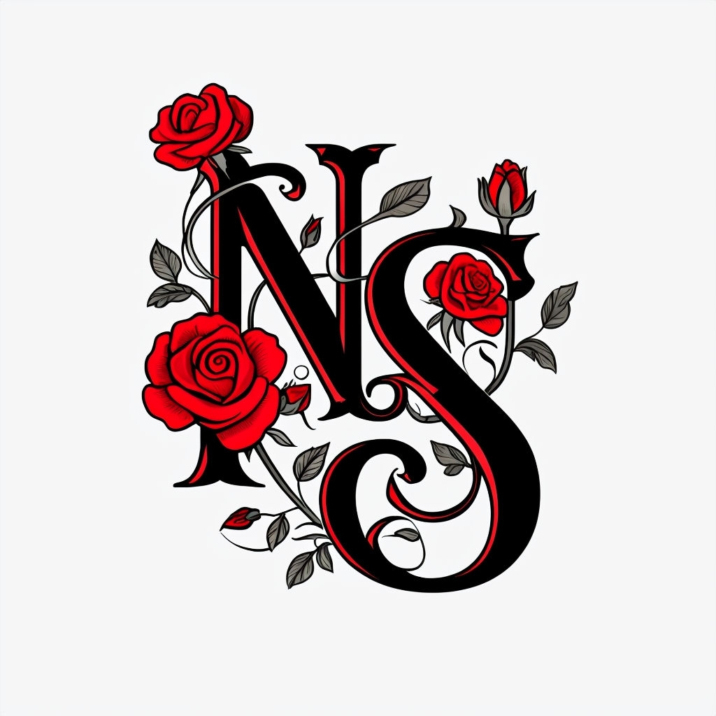 Elegant Black and Red Floral NS Monogram Logo Design