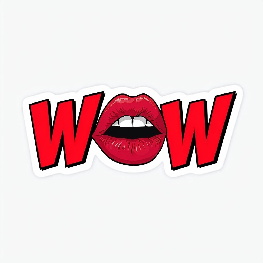 Bold Red WOW Sticker with Glossy Lips Illustration