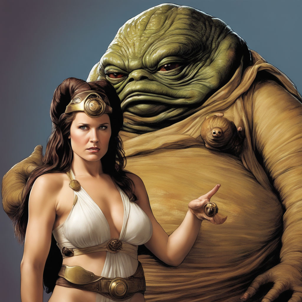 Glamorous and sensual Princess Leia as concubine and slave on a leash held  by Jabba the Hutt