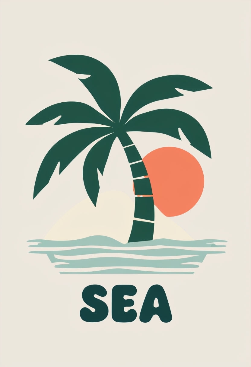 Minimalist Palm Tree and Coral Sun Beach Scene Poster