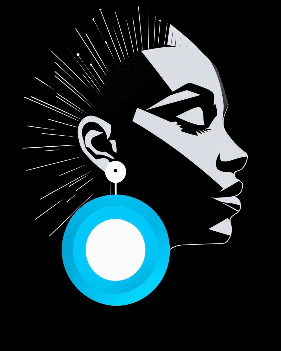 Stylish Black Silhouette Human Face with Cyan Earring T-shirt