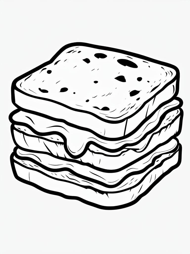 Cartoonish Black and White Sandwich Line Drawing Coloring Book Pages