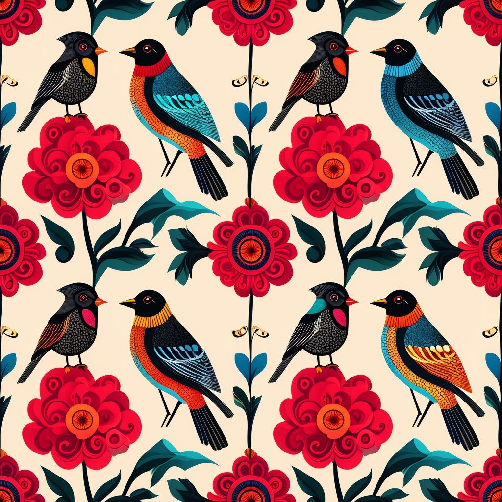 Vibrant Birds and Red Flowers Symmetrical Seamless Pattern