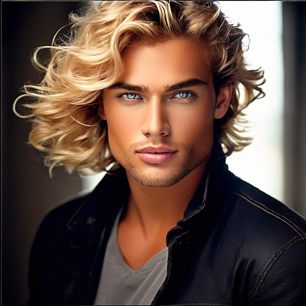 a guy with long blonde hair serious face and plump lips is looking at a  brunette girl with black curly hair and dark blue eyes. b