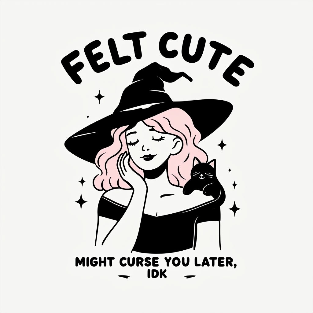 Playful Witchy Woman with Cat and Text Illustration Sticker