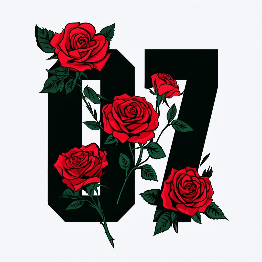 Bold Black '07' Stencil with Red Roses Artistic Illustration Monogram