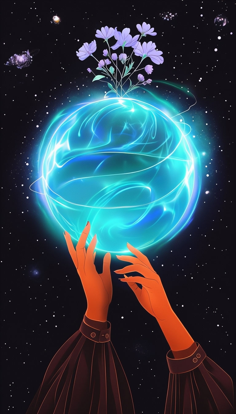 Ethereal Blue Sphere Surrounded by Cosmic Energy Waves Mobile Wallpaper