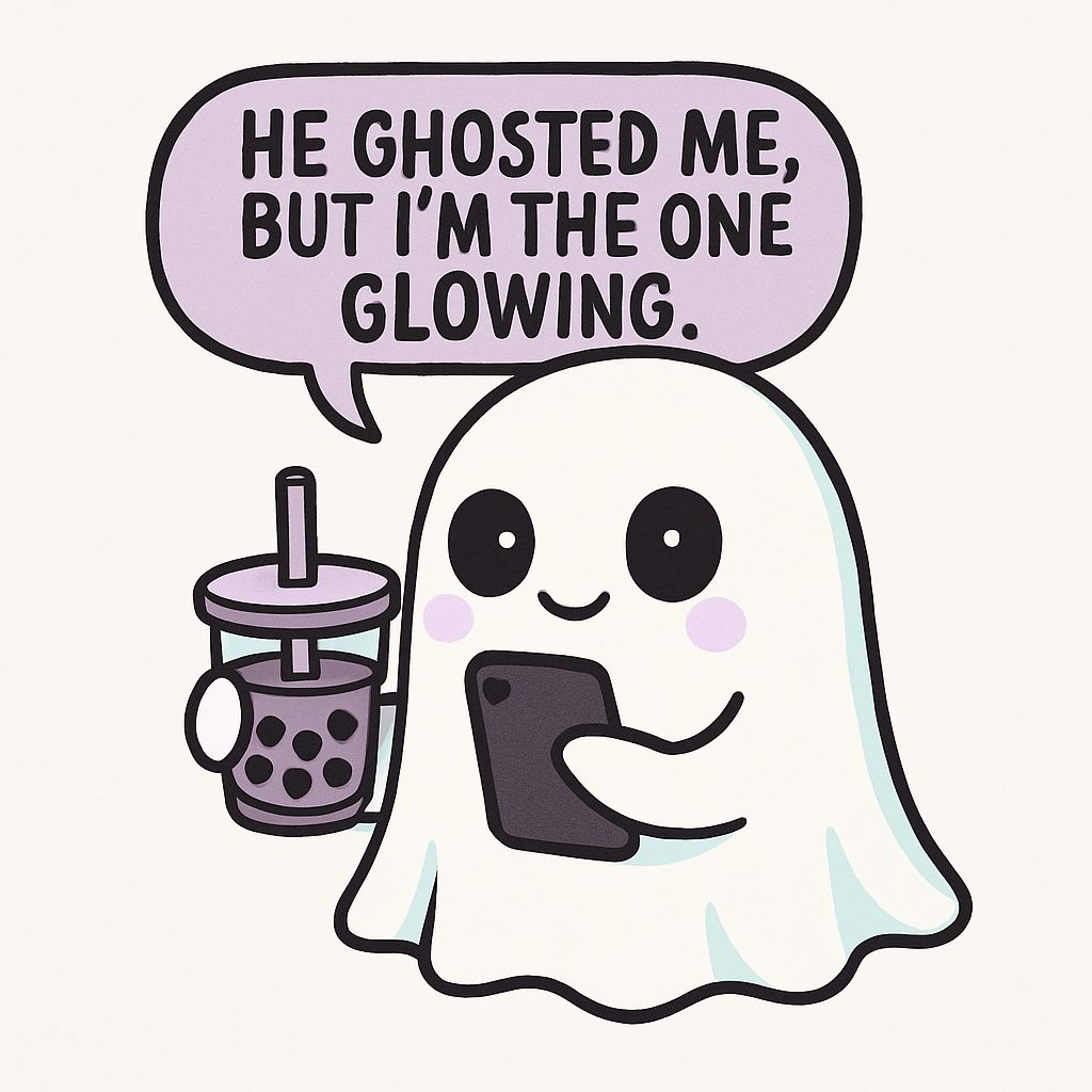Playful Cartoon Ghost with Boba Tea and Smartphone Sticker
