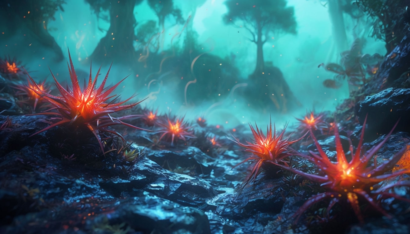 Vibrant Otherworldly Scene with Glowing Plants Virtual Background