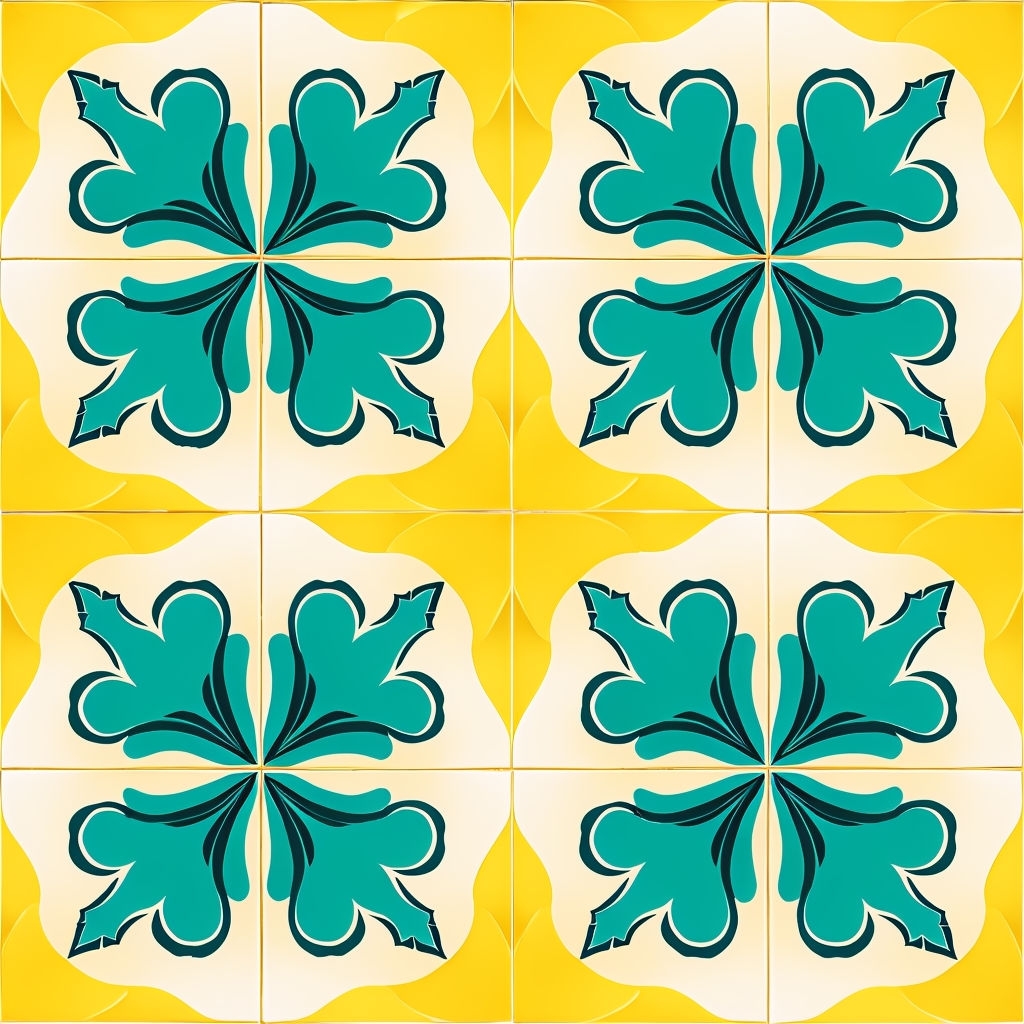 Vibrant Teal Flower Geometry with Yellow Waves Seamless Pattern