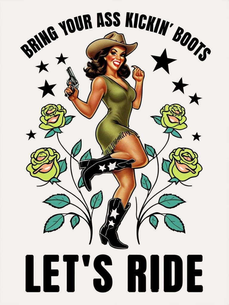 Vintage Pin-Up Cowgirl with Kicking Boots and Roses Poster