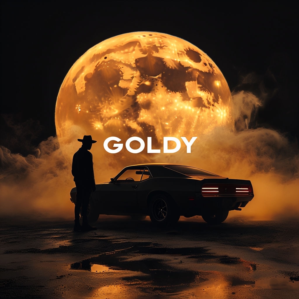 Luxury Goldy Moonlit Scene with Muscle Car Visual Album Cover