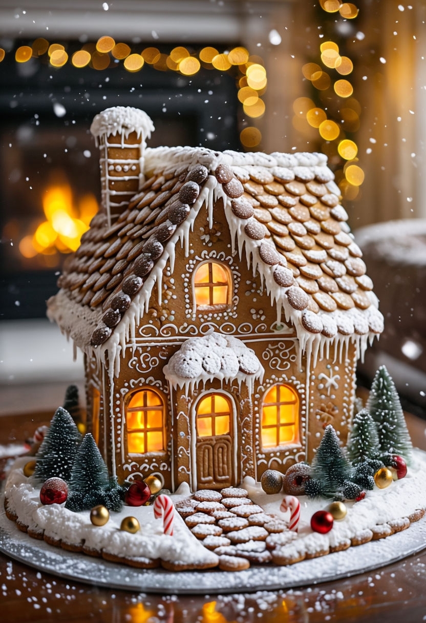 Festive Gingerbread House with Snowy Decor Art Print