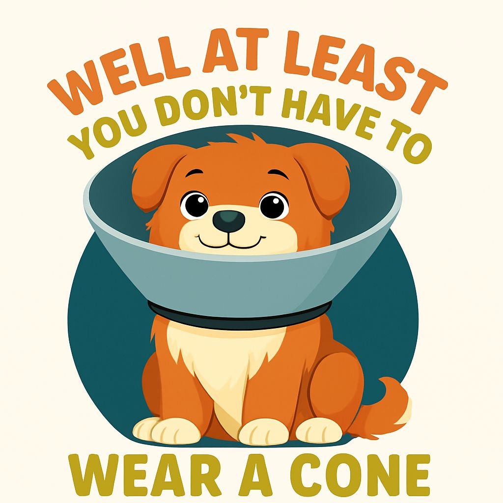 Adorable Cartoon Dog with Cone and Playful Text Sticker