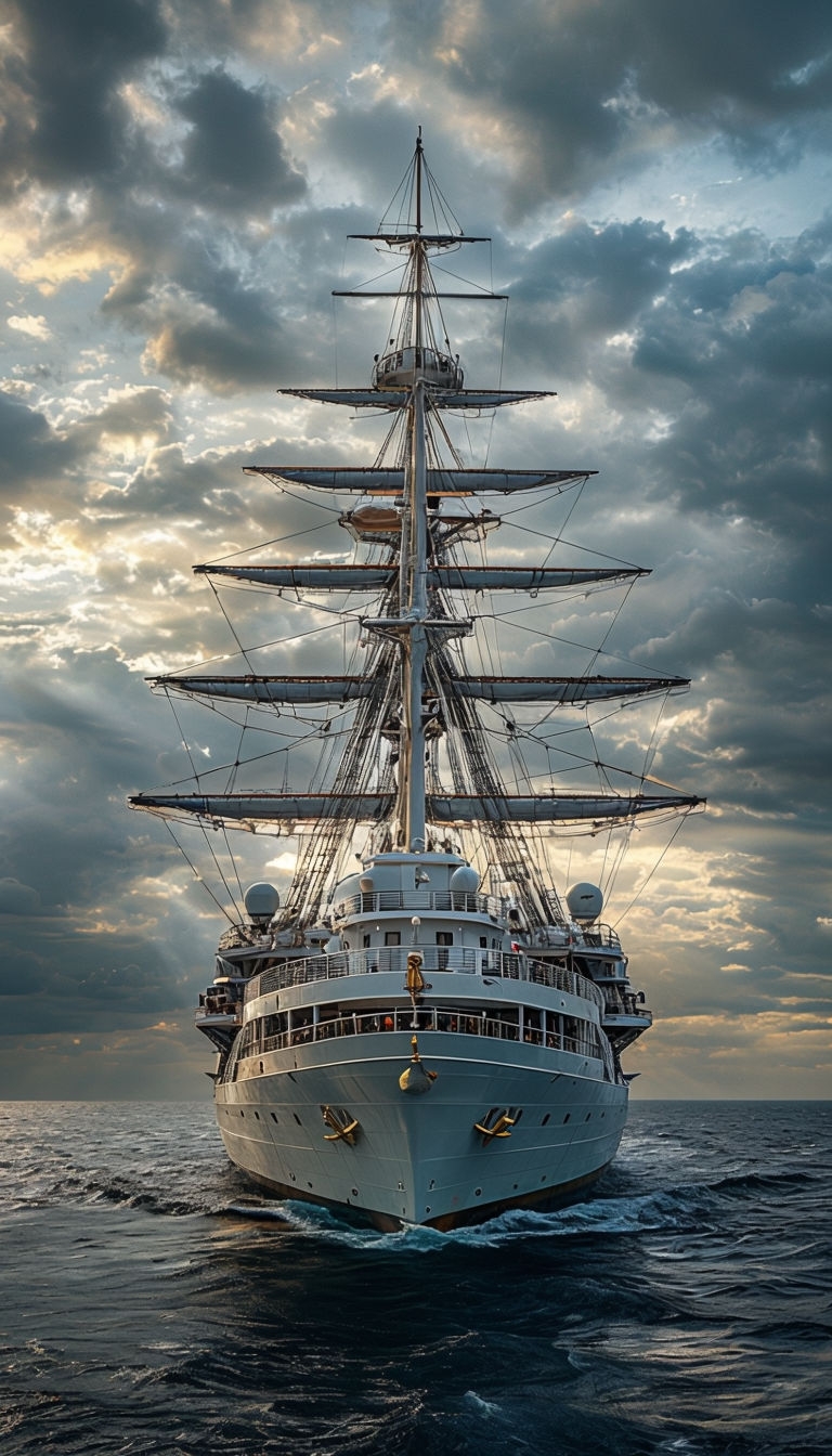 Majestic Sailing Ship Navigating Calm Blue Waters Mobile Wallpaper