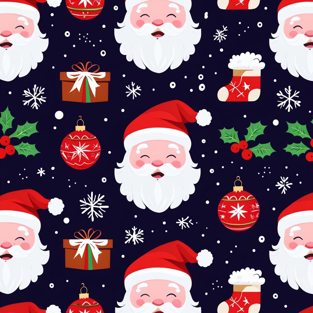 Cheerful Christmas Themed Seamless Pattern with Santa and Snowflakes