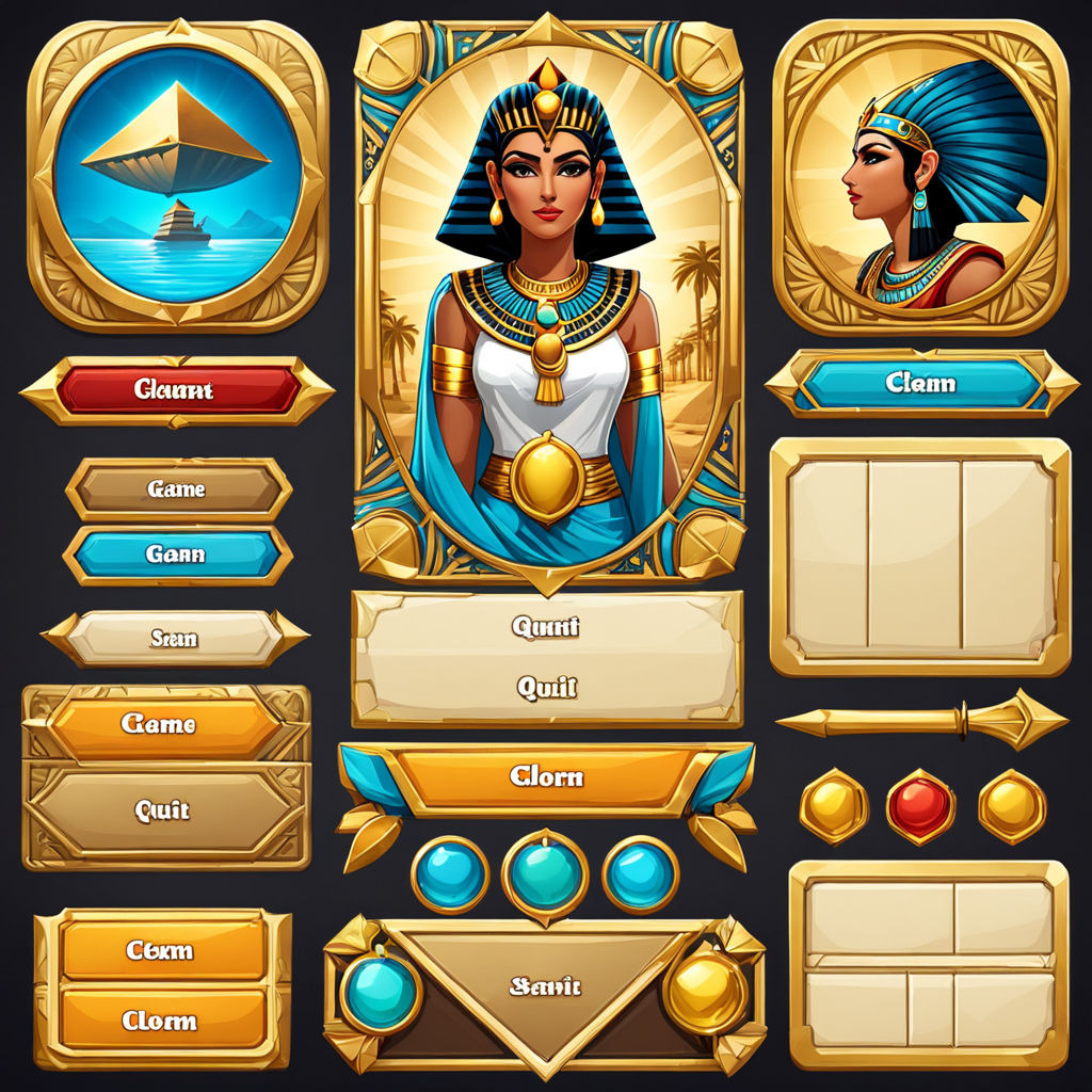 game gui menu assets sprites widgets buttons quit resume cleopatra egypt themed, all buttons square, ivory  accent