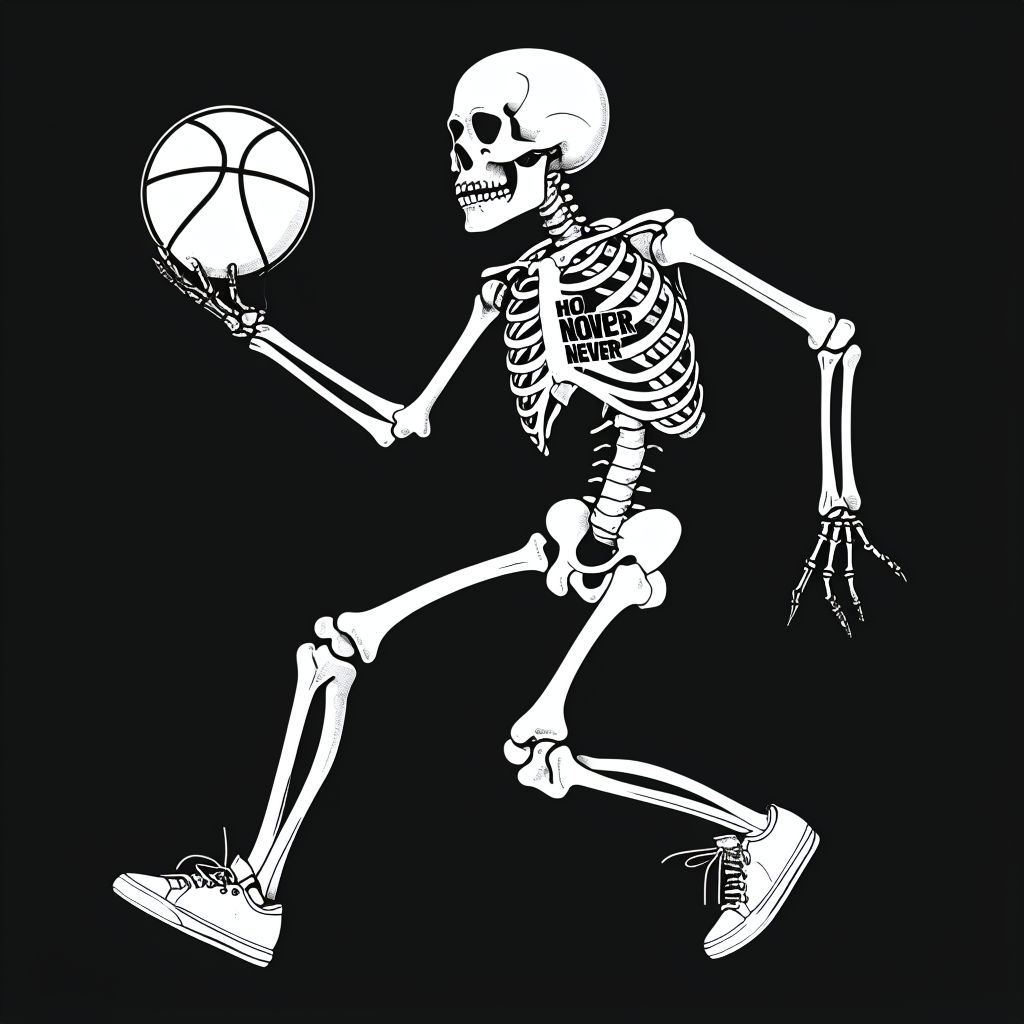 Humorous Skeleton Playing Basketball with Hoops Never Text T-Shirt
