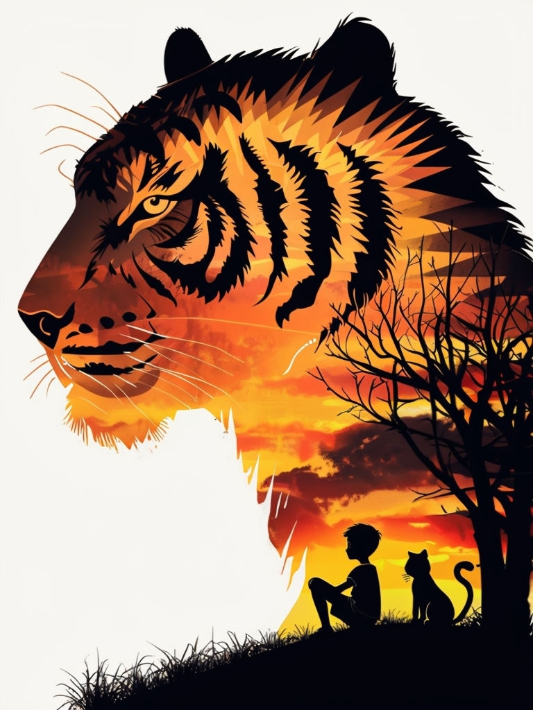 Silhouette Tiger and Boy at Sunset Inspired by The Lion King Poster