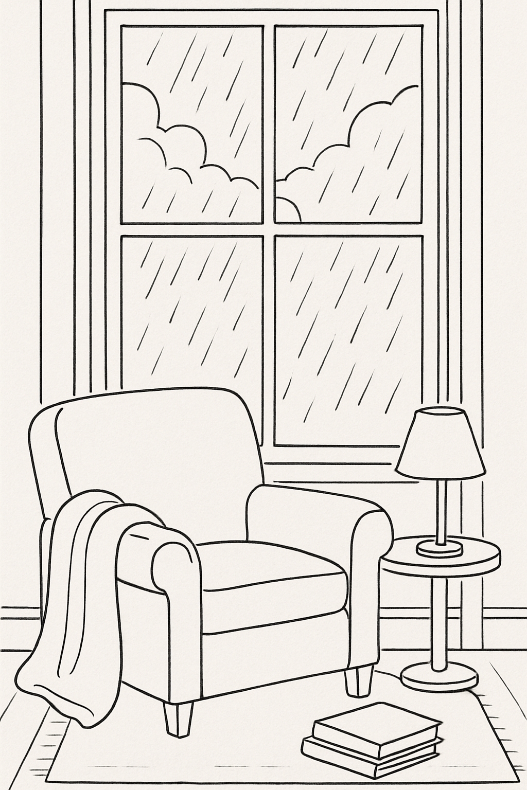 Cozy Minimalist Indoor Scene with Rainy-Day Atmosphere Coloring Book Page