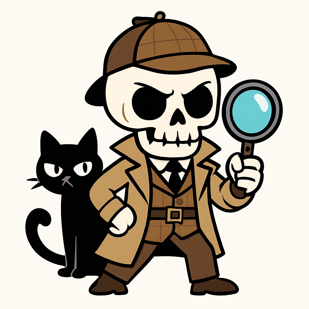 Whimsical Skeleton Detective and Cat Cartoon Sticker