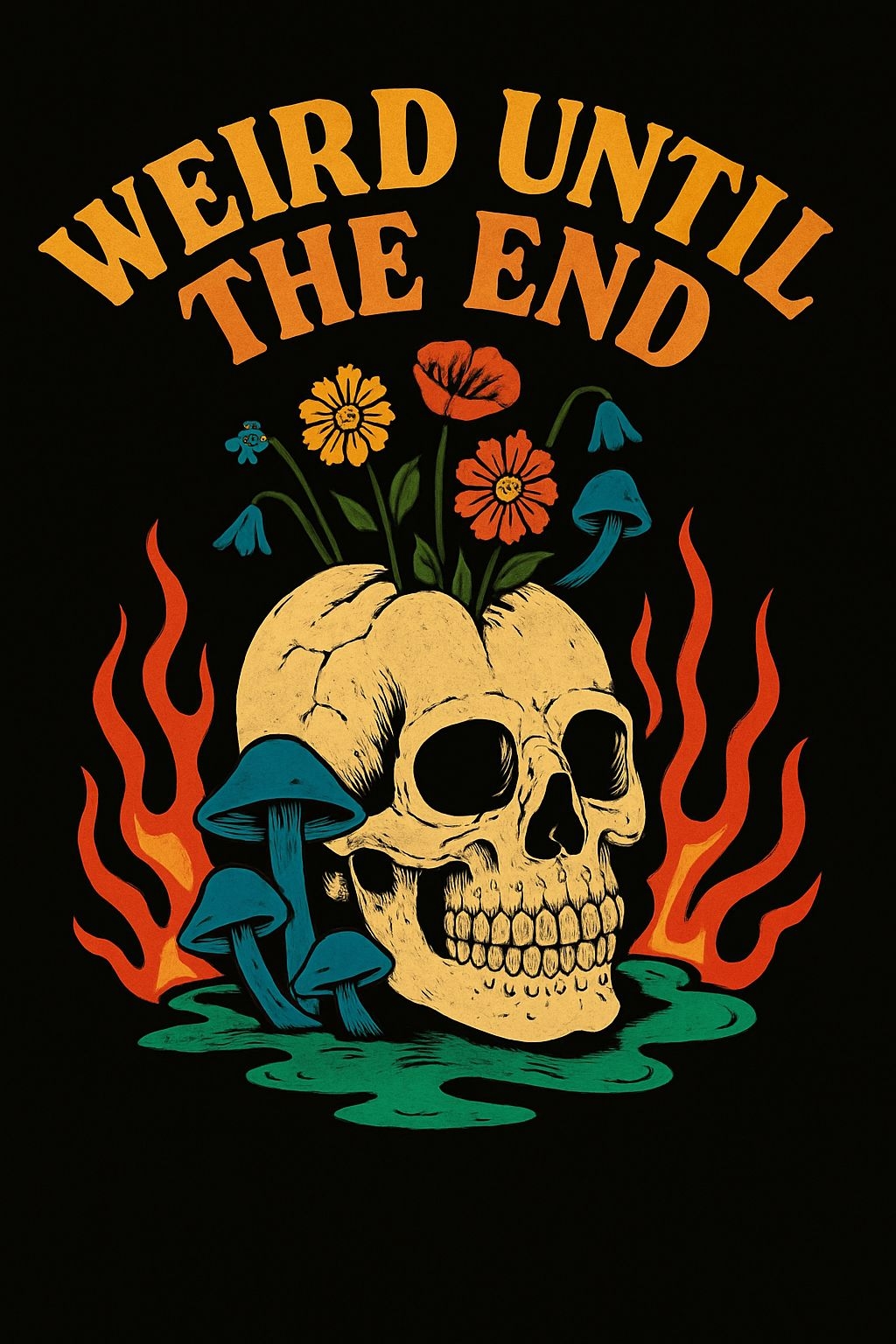 Surreal Skull with Vibrant Flowers and Flames T-Shirt