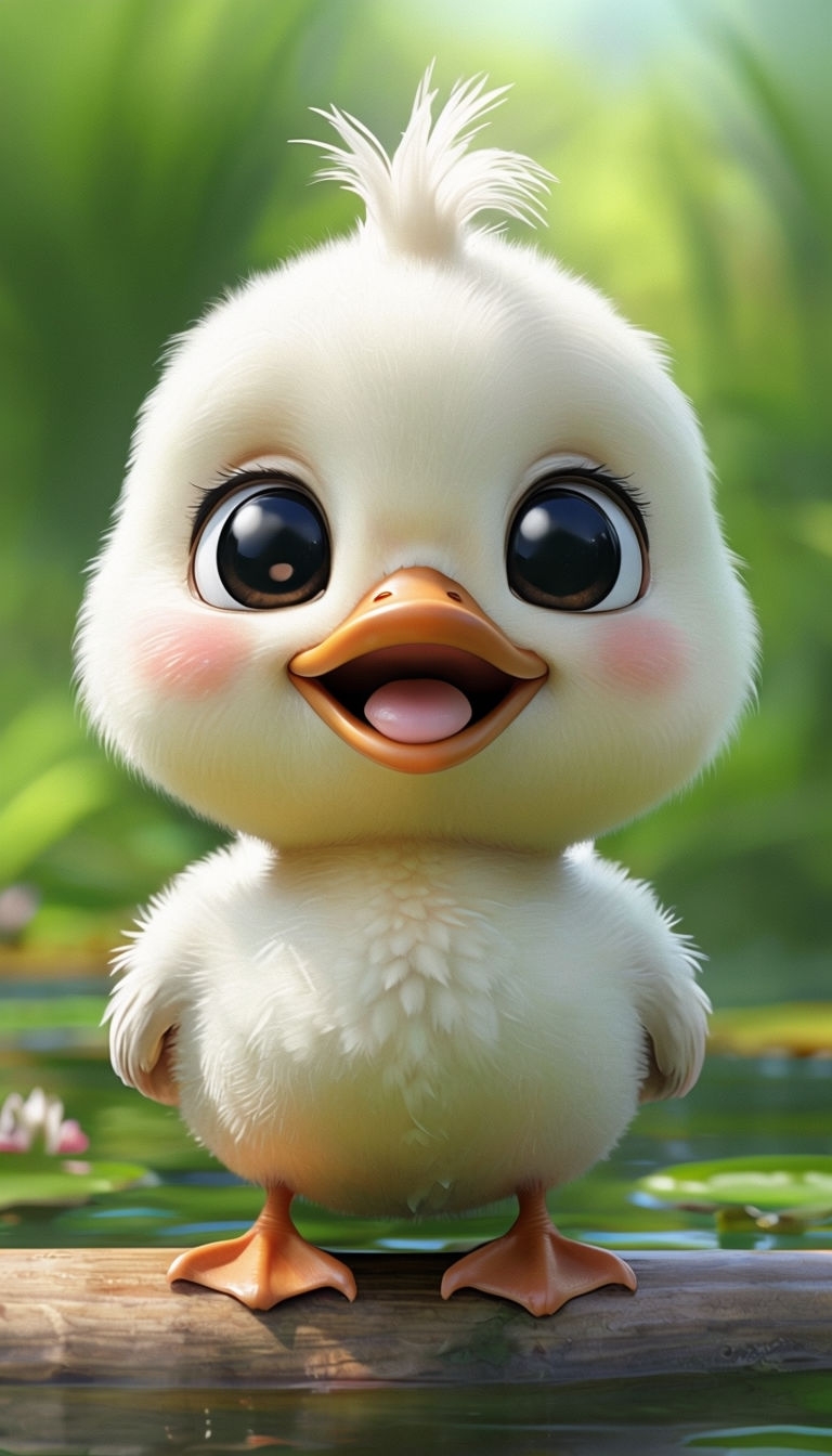 Adorable Animated Duckling on Log Against Green Background Mobile Wallpaper