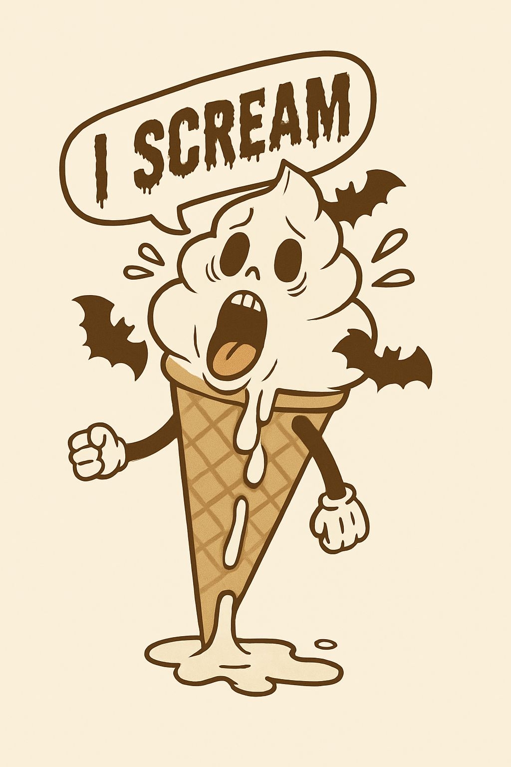 Spooky Cartoon Ice Cream Cone Character with 'I Scream' Speech Bubble Poster