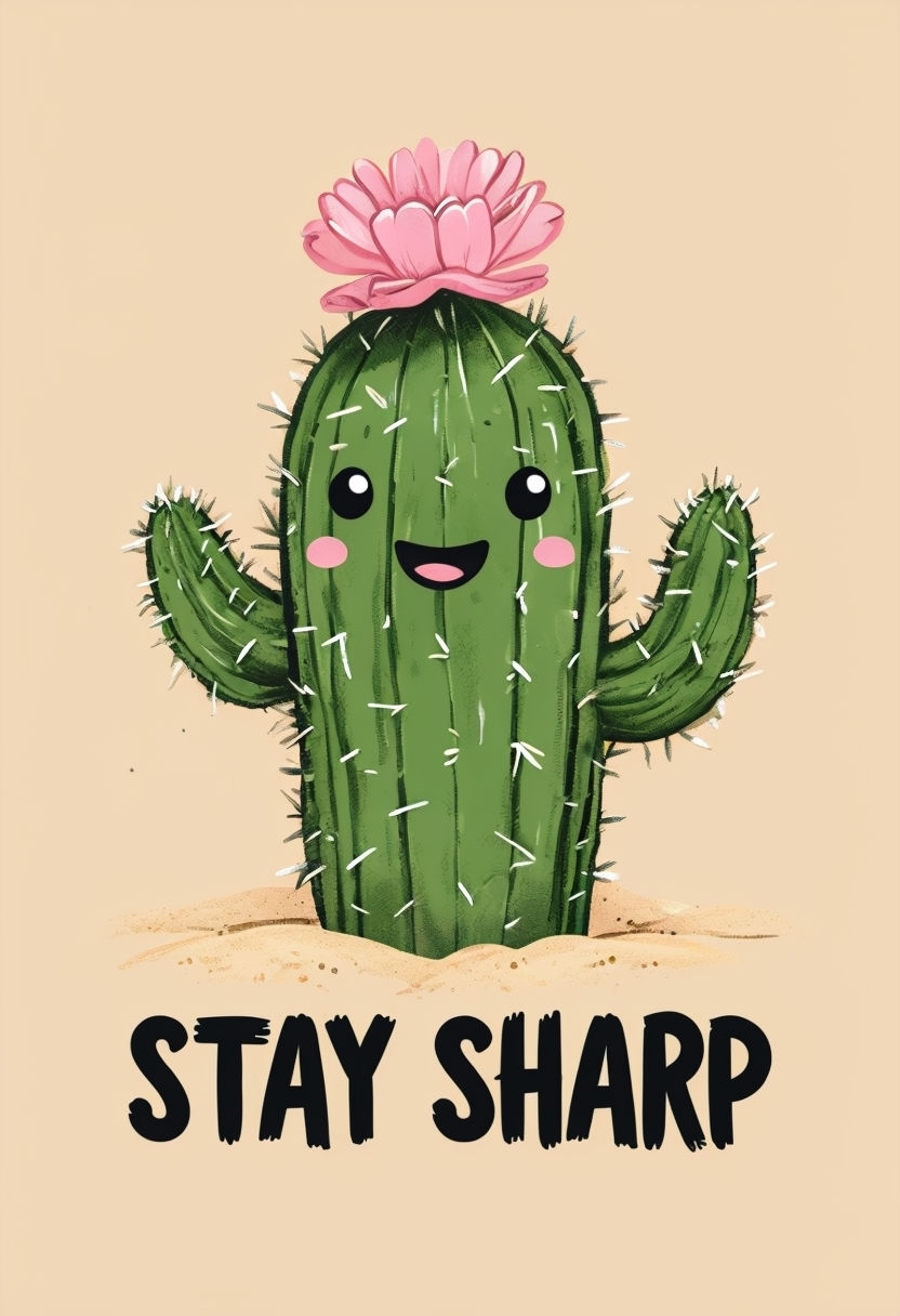 Cheerful Cartoon Cactus with Stay Sharp Text Sticker