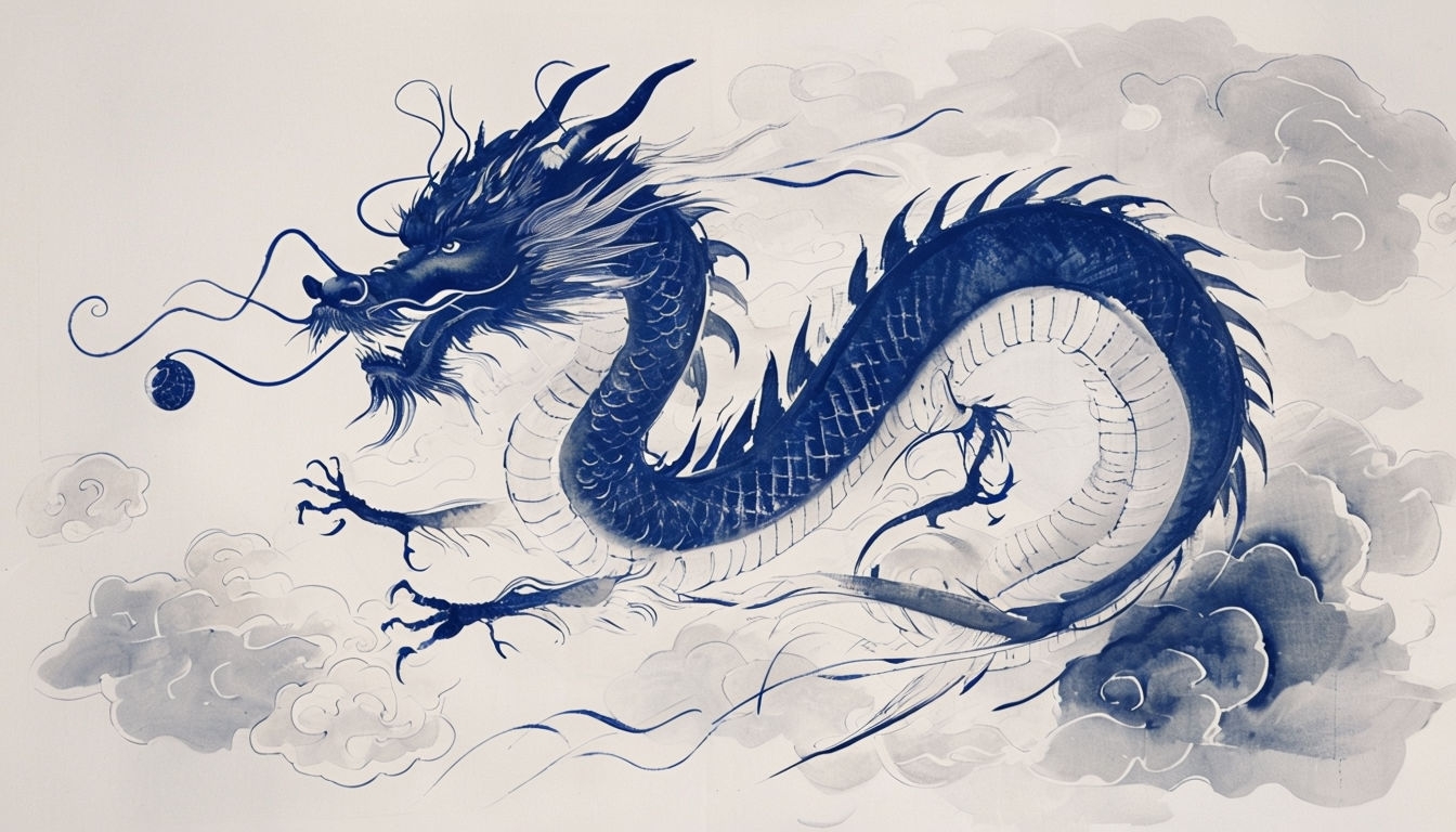 Majestic East Asian Dragon Soaring Through Clouds Artwork Virtual Backgrounds