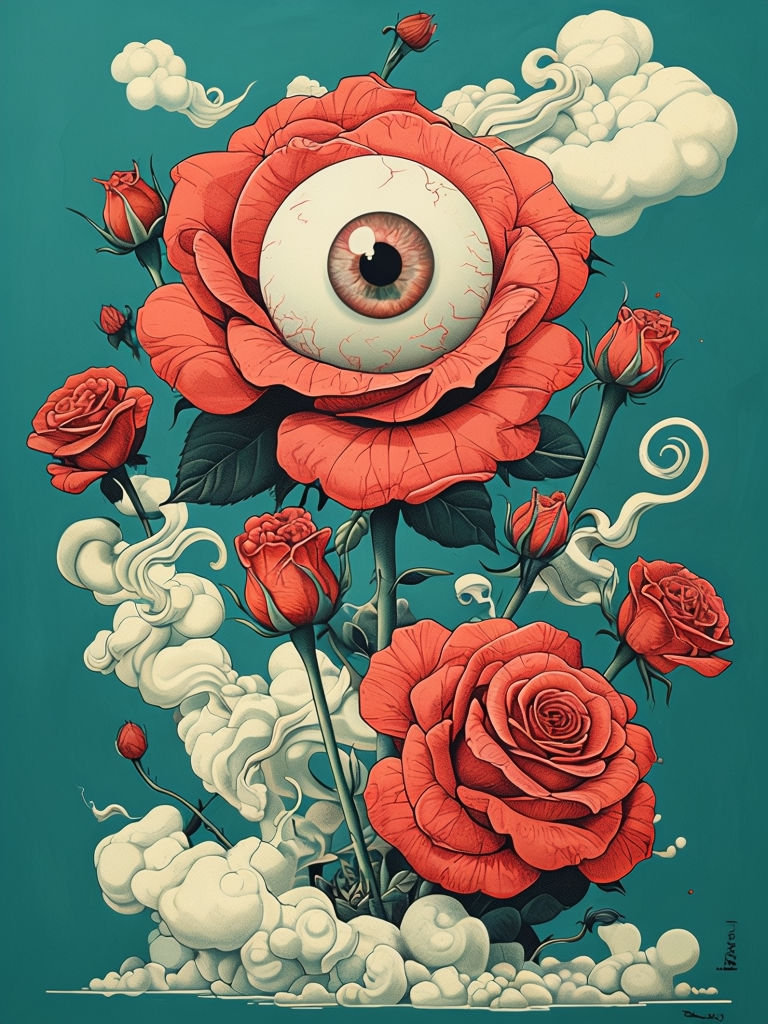 Surreal Coral-Red Roses with Eyeballs and Dreamlike Clouds Art