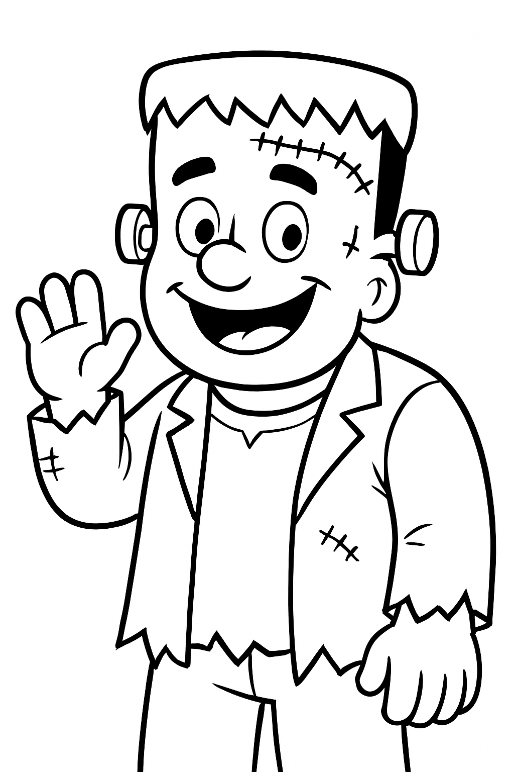 Cheerful Cartoon Frankenstein Character Line Drawing Coloring Book Pages