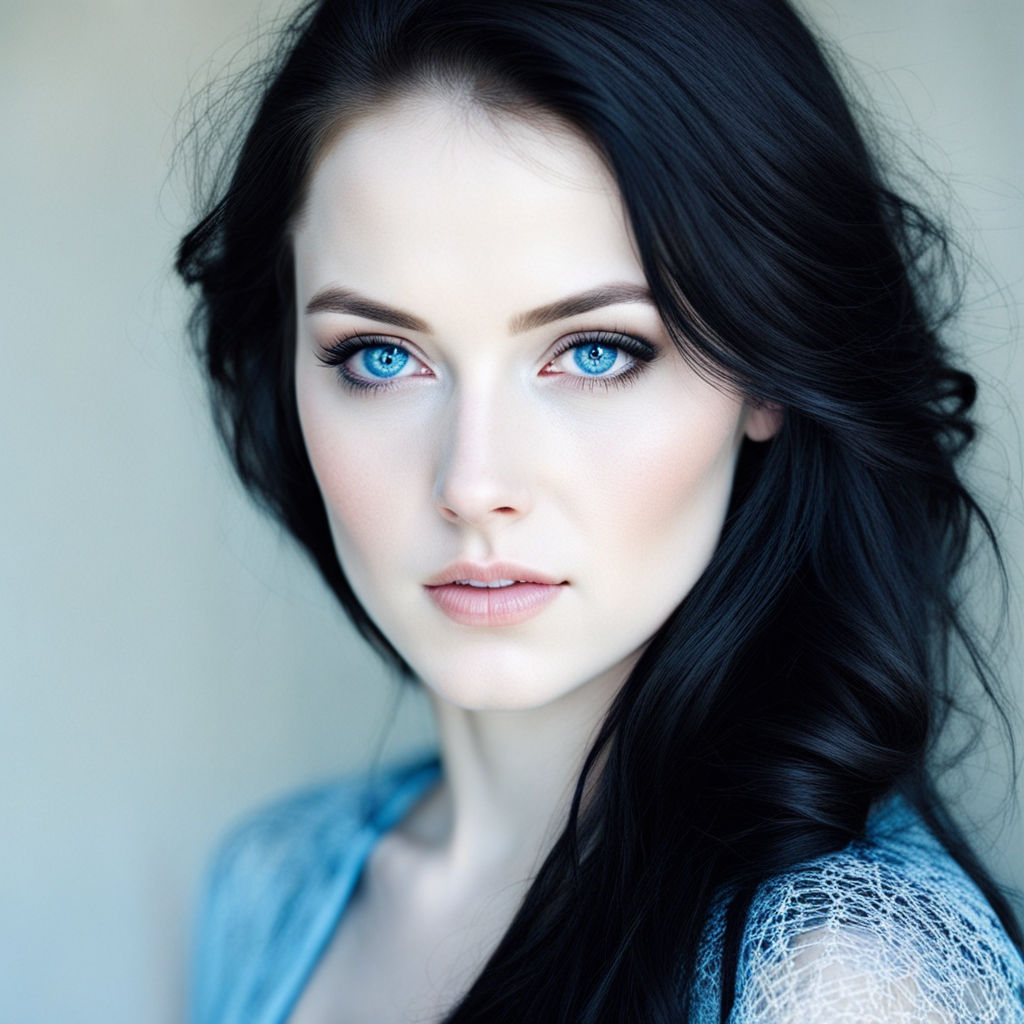 a stunning 22 years-old woman black hair deep blue eyes