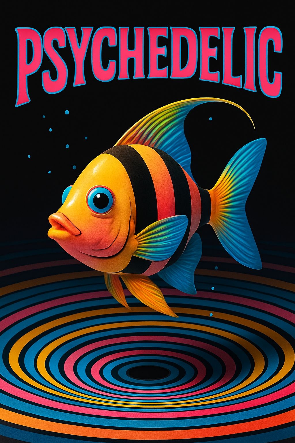 Vibrant Psychedelic Fish Illustration with Retro Text Poster