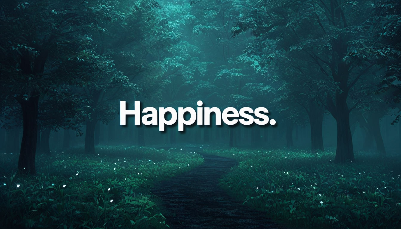 Tranquil Forest Path with Ethereal Glow and 'Hapiness' Text Art Poster