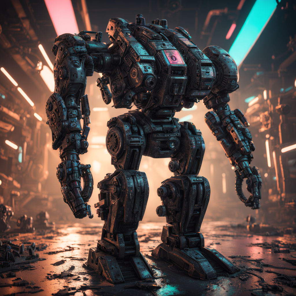 Gear mecha coated in abstract black oil amidst a grunge neon... by ph ...