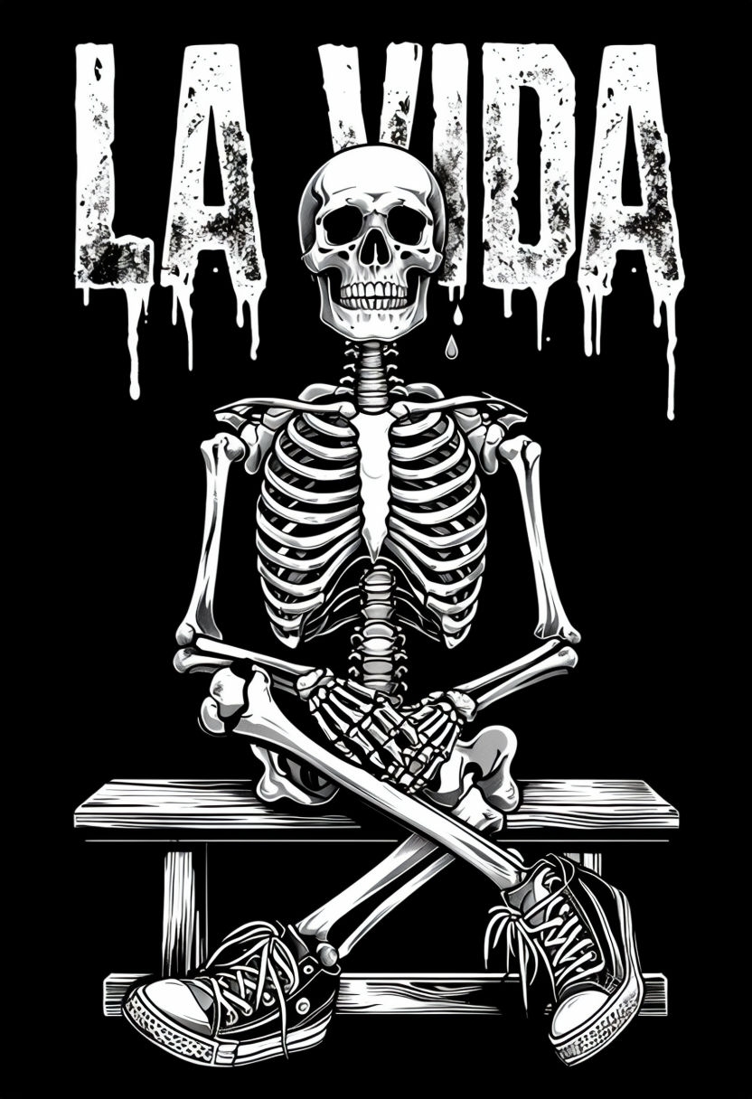 Eerie Black and White Skeleton with La Vida Text T-Shirt