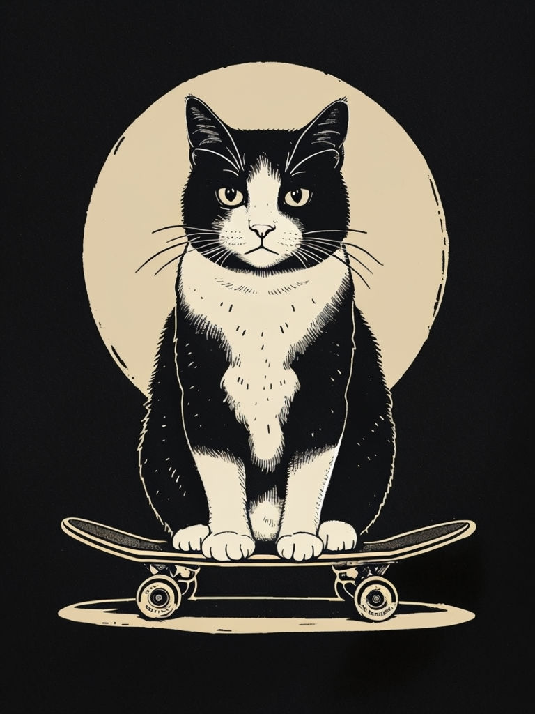 Black and White Cat on Skateboard Illustration Art