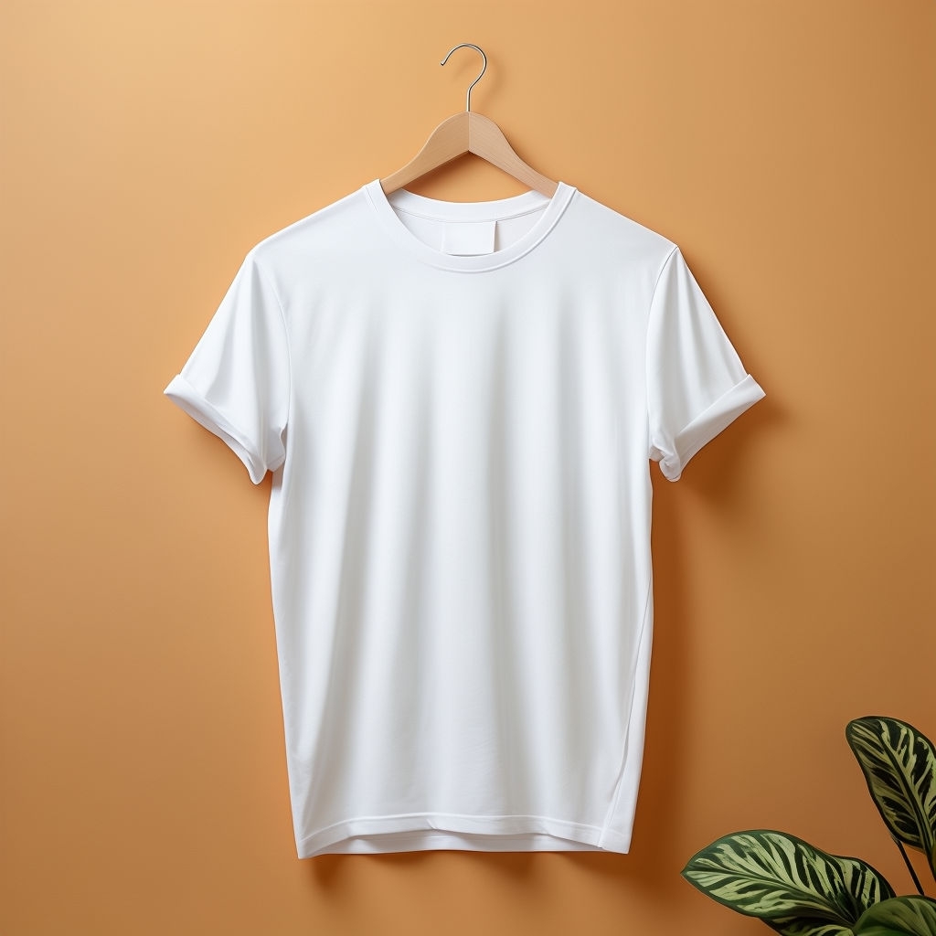 White Short-Sleeved T-Shirt Hanging on Wooden Hanger Mockup